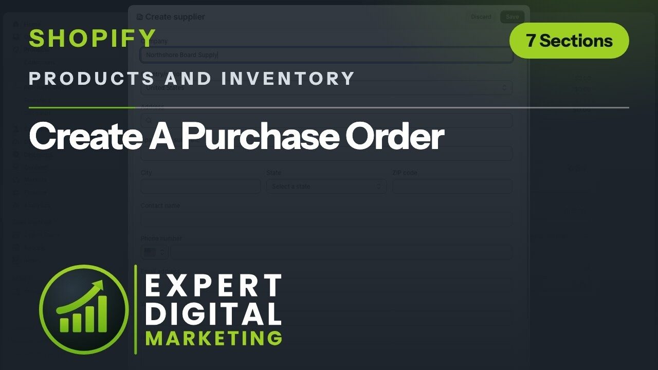 Title card for the Shopify admin video Create A Purchase Order