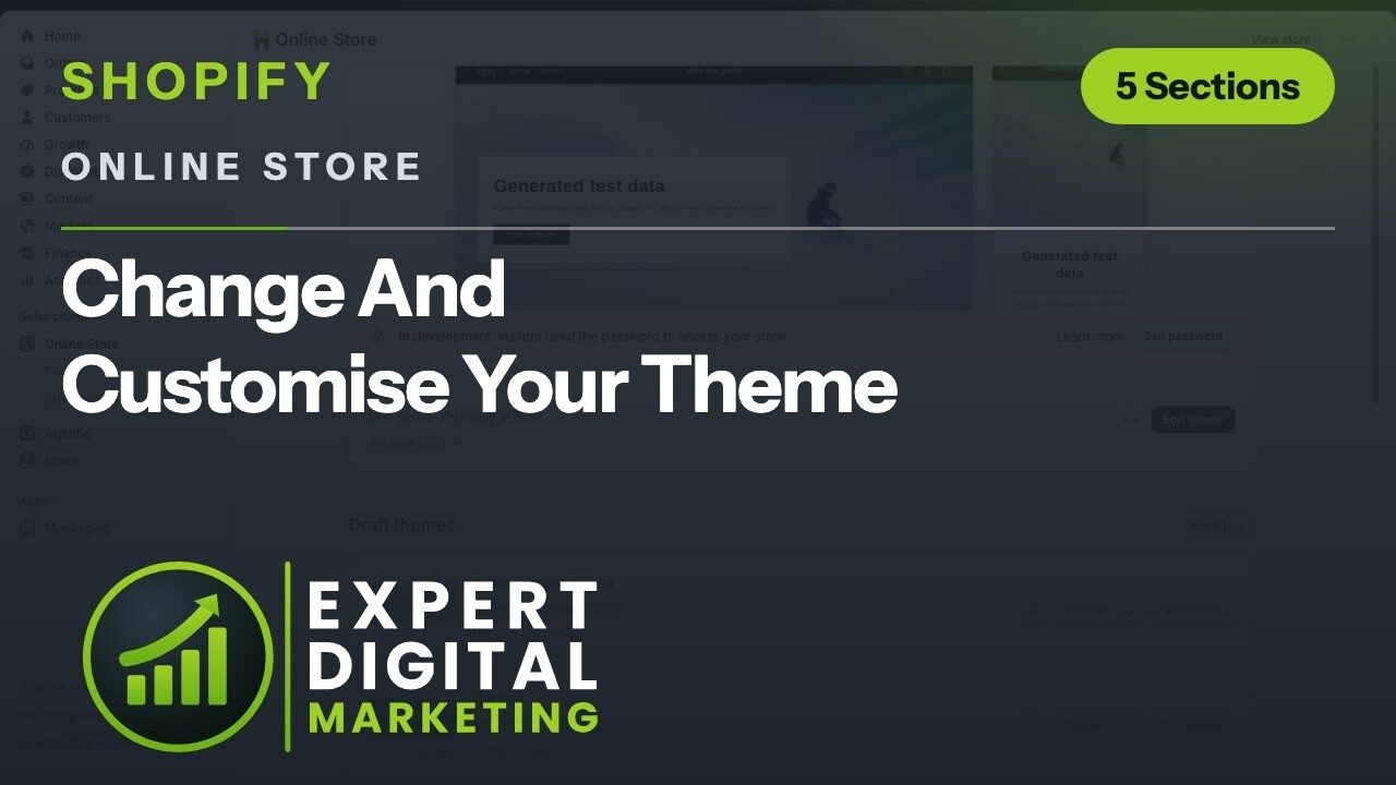 Title card for the Shopify admin video Change And Customise Your Theme