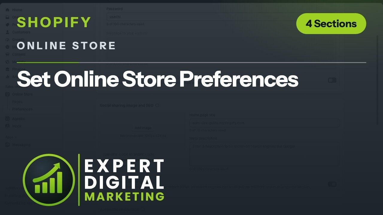 Title card for the Shopify admin video Set Online Store Preferences