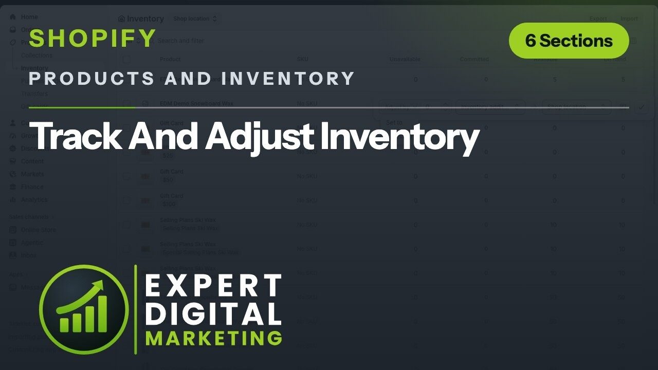 Title card for the Shopify admin video Track And Adjust Inventory