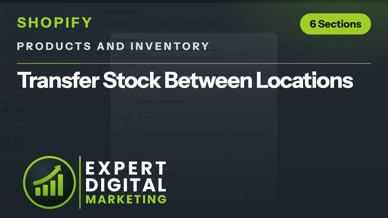 Title card for the Shopify admin video Transfer Stock Between Locations