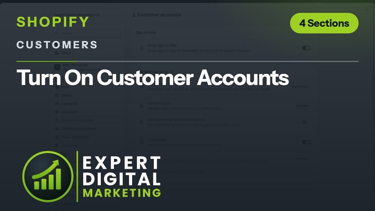 Title card for the Shopify admin video Turn On Customer Accounts